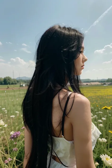 A woman with a sharp face and long black hair stood with her back in the middle of a field of flowers.