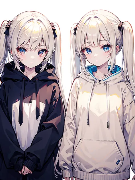 Two Girls、(Beige Hair、Red eyes)、(White Hair、blue eyes)、Twin tails、Very long hair、Shiny Hair、high quality、Simple Background、White Background、Monochrome outfit、Big hoodie