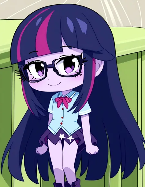 girl with violet skin, tall, teenager, straight bangs, long hair, violet and blue tones, glasses, twiling sparkle, smiling full body,mlptwilight