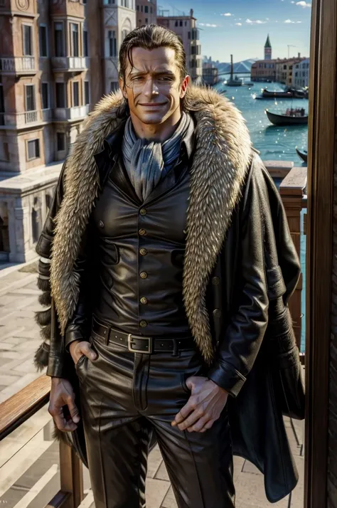 masterpiece, best quality, extremely detailed, hyperrealistic, photorealistic, a cool 40s man, ultra detailed face:1.2, fur-trimmed coat, scarf around the neck, his left hand is a golden pirate hook:1.1, cigar, sunshine:1.1, the view from high-rise tower, ...