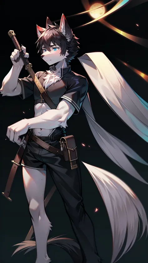 White Wolf，black hair，Sky blue eyes，hairy，Wolf ears，Wolf tail，Full body portrait，The character is in the center of the frame，Handsome，Confident eyes，male，juvenile，Black and white combat uniform，Red neck bib，Black shorts，Short sleeve，hairy arms and legs，Dar...