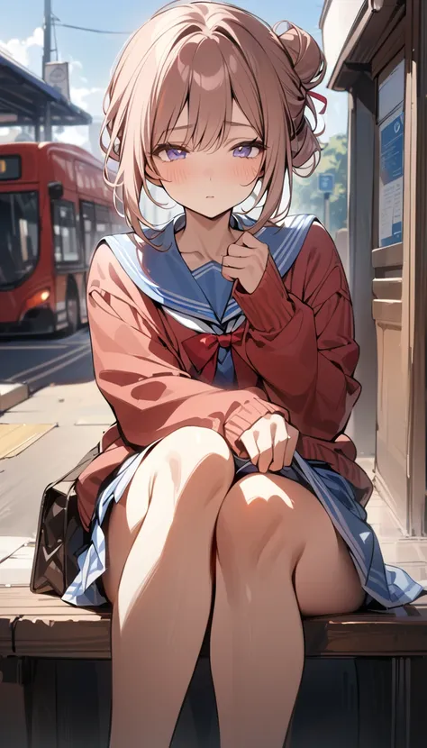 anime girl sitting on a bench in front of a train