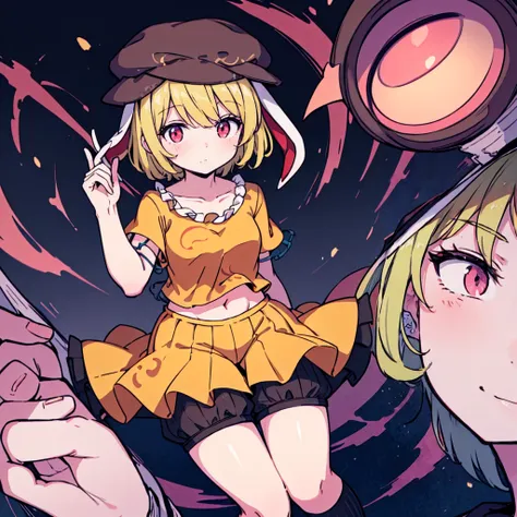 1girl,ringo (touhou),blonde hair, short hair, (cabbie hat:1.4), orange shirt, navel, rabbit ears, red eyes, collarbone, frilled dress, yellow shorts,(black ribbed kneehighs:1.3),close up kneehighs,ropa ajustada y pechos grandes 