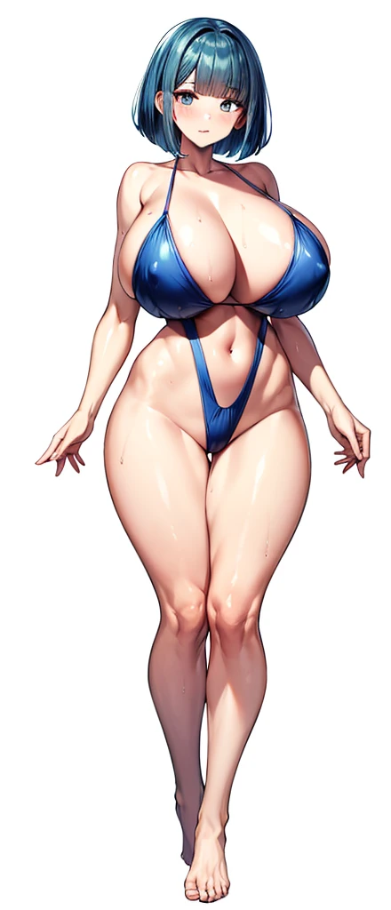 swimsuit,1girl,front view,Facing forward,looking at viewer,anime colored,full body,(gigantic breasts),wet,shiny Skin,{bob cut!!,blunt bangs},white background