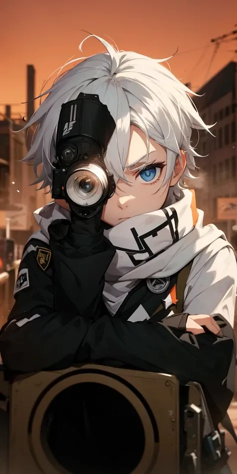 Boy with white hair;
shorth hair;
Messy hair;
eye white;
Some gun sight marks on the pupils;
wear black pants;
black jersey;
A white sweater;
A white scarf;
Pupilas brancas cor neve 

A sniper tem a cor branca também 
There&#39;s a white sniper on the back...