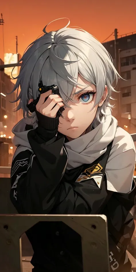 Boy with white hair;
shorth hair;
Messy hair;
eye white;
Some gun sight marks on the pupils;
wear black pants;
black jersey;
A white sweater;
A white scarf;
Pupilas brancas cor neve 

A sniper tem a cor branca também 
There&#39;s a white sniper on the back...