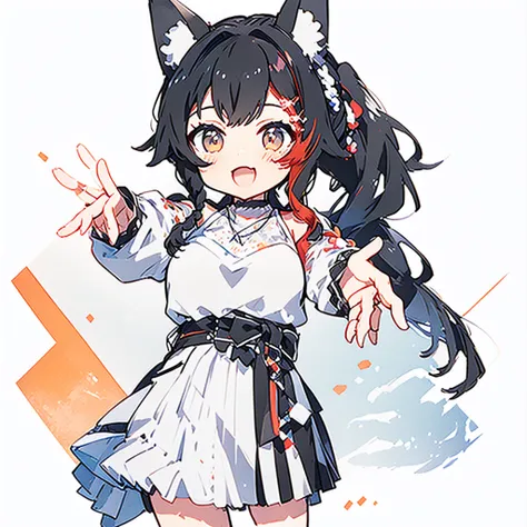 masterpiece, best quality, highres, miosha1, hairclip, side braid, ponytail, wolf tail, breasts, high-waist skirt, black skirt, white shirt, necklace, sleeveless shirt, cowboy shot, standing, street, reaching out, smile, open mouth,