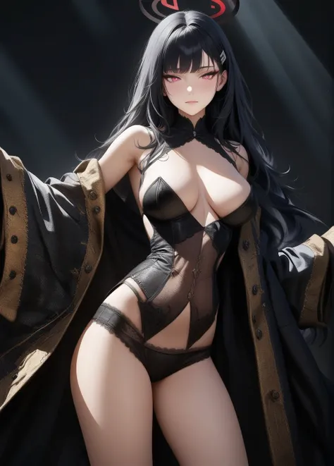 best quality, amazing quality, very aesthetic, absurdres, 1girl, rio (blue archive), blue archive, red eyes, black hair, strapless, (artist official art:1.5), (realistic face), (narrowed eyes), (cowboy shot:2), (concept art:1.5), panties, (thigh), expressi...