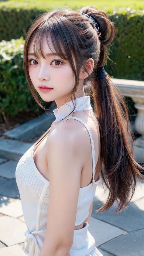 One piece with collar,outdoors,Urban Park,On the lawn,Ultra-detailed, finely detail, hight resolution, 8K Wallpaper, Perfect dynamic composition, Beautiful detailed eyes,Outdoor,Close-up of face,Outdoor,Blushing,Facing forward,,Long hair ponytail,((8k, Raw...