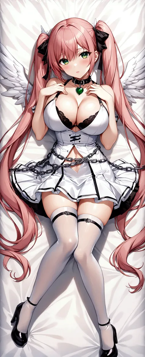 1girl, solo, long hair, breasts, skirt, large breasts, thighhighs, cleavage, twintails, green eyes, pink hair, lying, wings, collar, chain, dakimakura (medium)