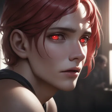 a boy with short red hair, close-up face, red glowing eyes, long red hair, (best quality,4k,8k,highres,masterpiece:1.2),ultra-detailed,(realistic,photorealistic,photo-realistic:1.37),cinematic lighting,dramatic,fantasy,vibrant colors,chiaroscuro lighting,m...