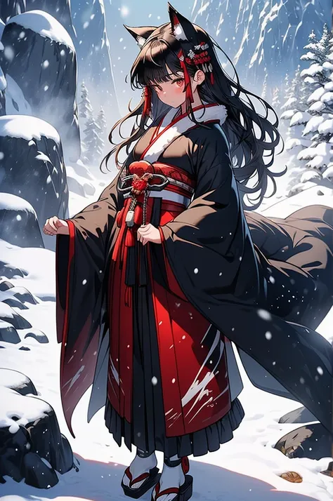 ((masterpiece, top quality, super definition, high definition)), solo, cinematic lighting, detailed outfit, rich in details, ray tracing ultra detailed, (1woman:1.3), (Japanese snowy forest landscape:1.3)side view, sharp focus, long black hair (curly hair)...