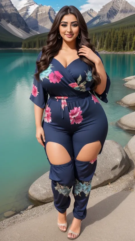 monali thakur Indian beautiful actress curvy plus size hour glass bulky huge figure woman, closeup camera view, big huge m-cup breast, wearing Allover Print Batwing Sleeve Belted Jumpsuit(Random Print) Color: Navy Blue , covered Bust , elegant standing pos...