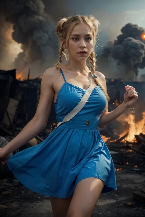 masterpiece, best quality, Bubbles, blue dress, blonde pigtails, pretty face, insanely detailed eyes, intense look, fighting pose, destroyed city, distant fires, rising smoke, 