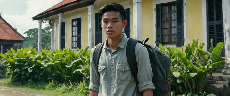 A Indonesian young male student, around 22-24 years old, is standing in front of an old Dutch colonial-style house. He is wearing a simple outfit with a backpack, looking at the house with curiosity. The house has faded walls, old wooden windows, and a stu...