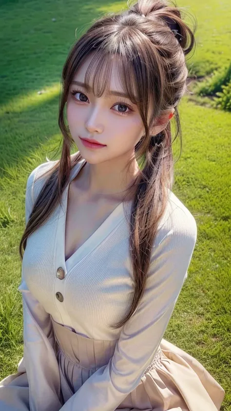 One piece with collar,outdoors,Urban Park,On the lawn,Ultra-detailed, finely detail, hight resolution, 8K Wallpaper, Perfect dynamic composition, Beautiful detailed eyes,Outdoor,Close-up of face,Outdoor,Blushing,Facing forward,,Long hair ponytail,((8k, Raw...