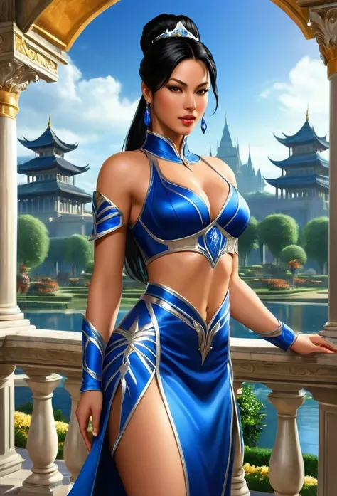 /imagine prompt: Game Kitana Mortal Kombat::3 extremely detailed and beautiful realistic, A beautiful black-haired princess, dressed in an elegant princess outfit, in a prosperous and peaceful kingdom called Edenia. In the background, a majestic palace wit...