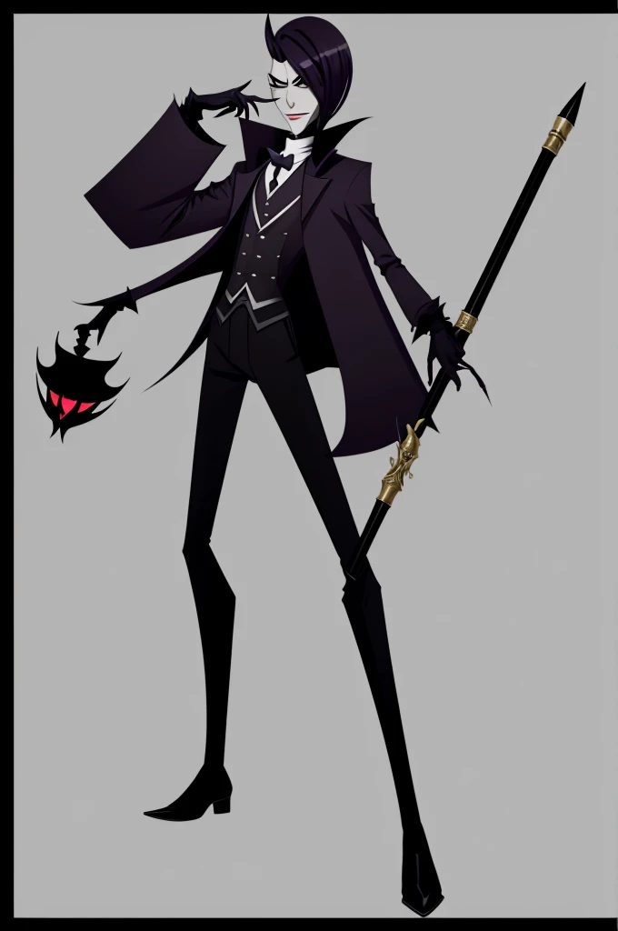 Create a male character who looks like Lucifer from Hazbin Hotel and uses a cane to impose authority.