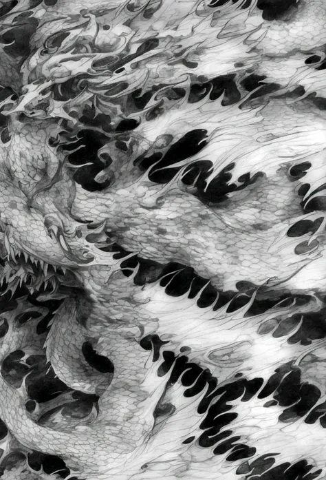 close-up of a dragon on a cloud, lines, black and white, majestic japanese dragon, dragon body, oriental tattoo, smooth chinese ...