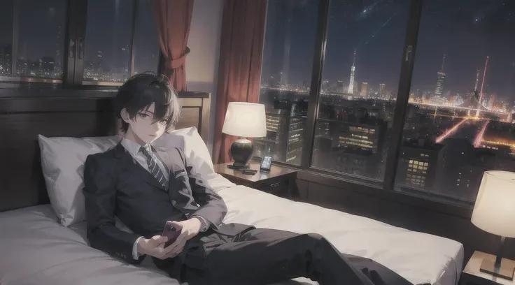 Highest quality（８ｋ）masterpiece、Time: Night（1.8）He is lying on the bed by the window and talking on his cell phone.（1.8）Clothing is high school uniform（1.8）The night view can be seen from the window（1.8）、A room in a high-rise apartment with very large windo...