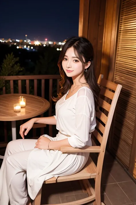 1girl, sit on a rocking chair on the veranda at night