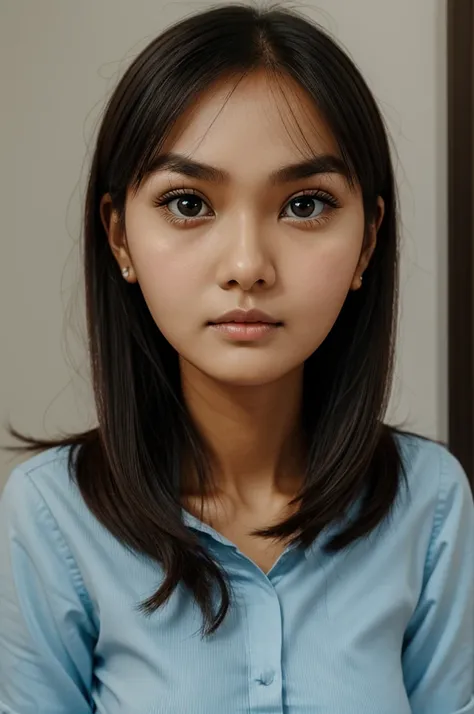 woman with round face, very big eyes, alya and very thin, raised eyebrows, long face