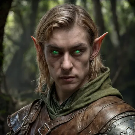 (masterpiece)+, (extremely (realistic)+,a portrait of an extremely ugly young male elf ranger, green alien sectoid eyes, wearing...