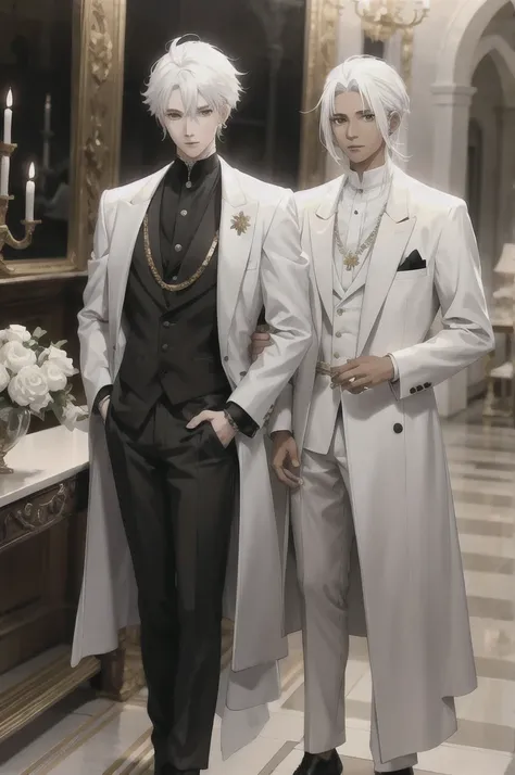 anime boy with white hair and black jacket , boy with white hair, prince, wearing gold jewelry, ducal clothes, in a castle, standing figure, brown eyes, elegant