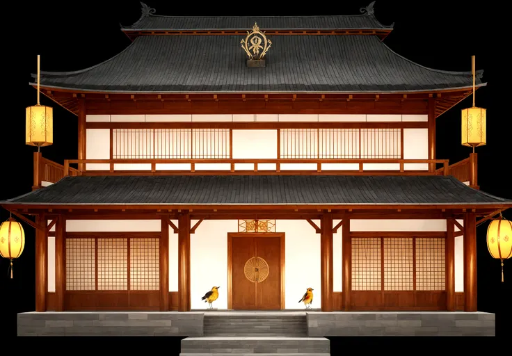 illustration of a traditional chinese building with lanterns and a bird, temple background, zen temple background, background depicting a temple, digital painting of a pagoda, japanese temple, japanese house, korean traditional palace, background art, pala...