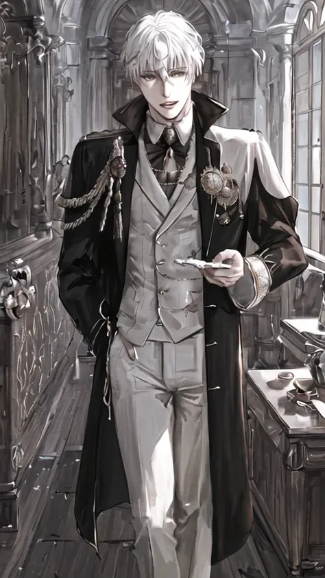 anime boy with white hair and black jacket , boy with white hair, prince, ducal clothes, in a castle, standing figure, brown eyes, elegant