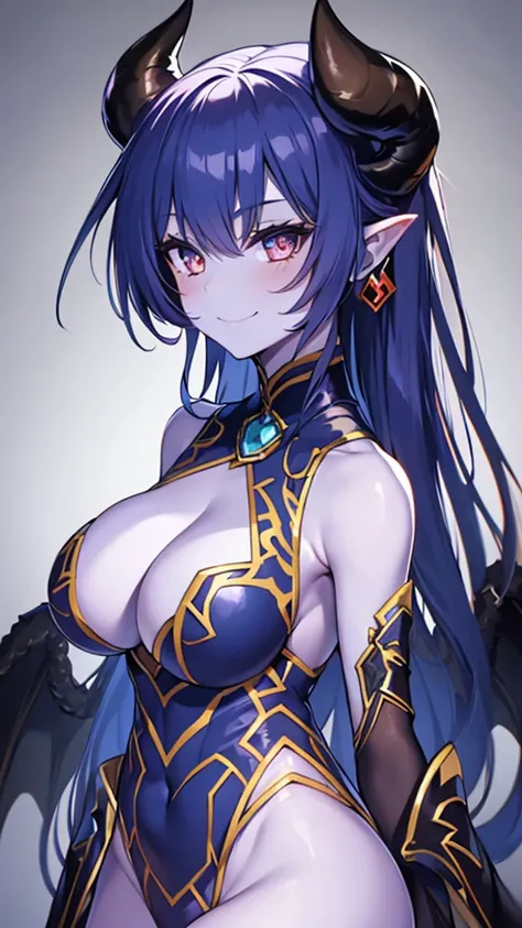 1girl,astaroth_(shinrabanshou),demon_girl, long_hair, demon_horns, black_sclera,(blue skin:1.3), smile,upper body,long dress, gown, victorian gown,leotard,cameltoe,Whites of the eyes, blacks