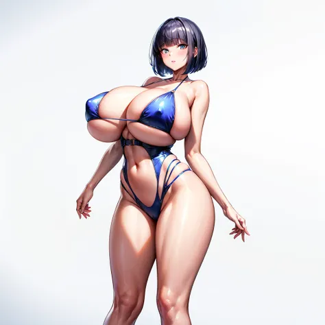 Metallic Colorful swimsuit,1girl,front view,Facing forward,looking at viewer,anime colored,full body,(gigantic breasts),shiny Skin,{bob cut!!,blunt bangs,black Blue Hair},white background