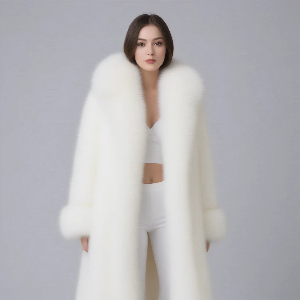 A very wide and very thick, very long white fox fur coat, fifty centimeters d&#39;thickness, fluffy, naturel, with an ultra thick white and sand mink fur collar, Trois couches, about the best models from Venezuela, bare shoulders, and two big breasts revea...