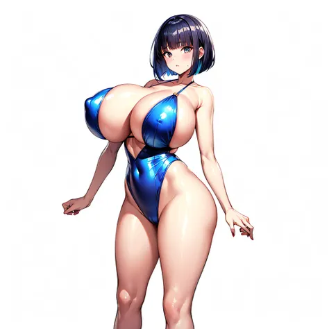 Metallic Colorful swimsuit,1girl,front view,Facing forward,looking at viewer,anime colored,full body,(gigantic breasts),shiny Skin,{bob cut!!,blunt bangs,black Blue Hair},white background