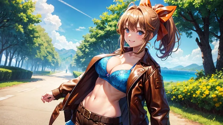 1girl, solo, full body, summer, village, trees, sun, clouds, ((colorful hair)), ponytail, huge breasts, ((brown leather jacket)), brown leather shorts, ((blue bra)), blue eyes, skirt, smile, looking at the viewer, standing, hair ribbon, golden necklate