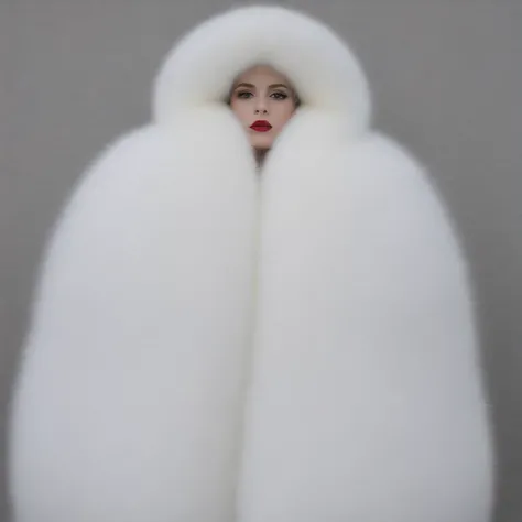 A very wide and very thick, very long white fox fur coat, fifty centimeters d&#39;thickness, fluffy, naturel, with an ultra thick white and sand mink fur collar, Trois couches, sur MILF 45 ans, bare shoulders, and two big breasts revealed by the fur, under...