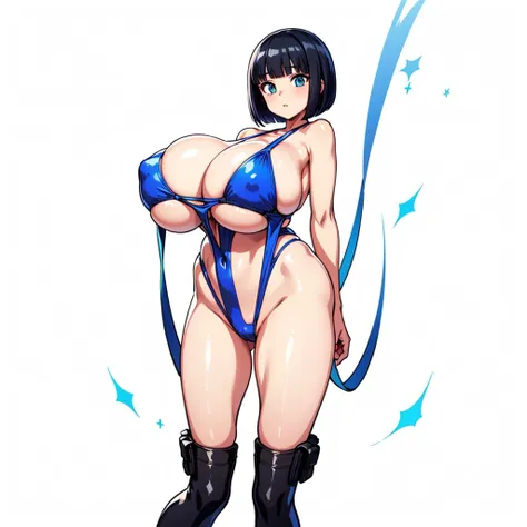 Metallic Colorful swimsuit,1girl,front view,Facing forward,looking at viewer,anime colored,full body,(gigantic breasts),shiny Skin,{bob cut!!,blunt bangs,black Blue Hair},white background