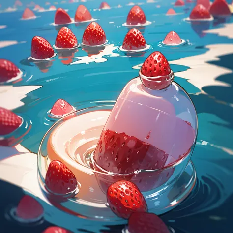 strawberry in clear water