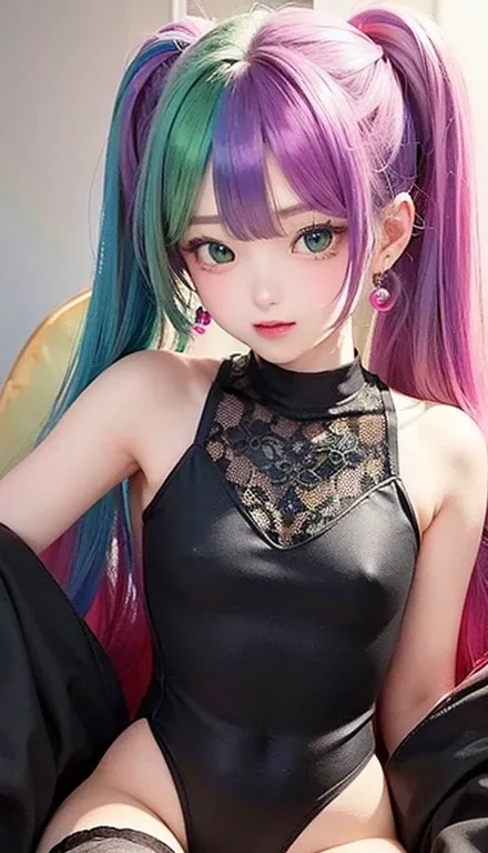 Small face、Left profile、Big chest、 (alone:1.5,)Very detailed,Bright colors, Very beautiful detailed anime faces and eyes, Look straight ahead,  Shiny_skin,girl, (((Rainbow Hair, Colorful hair, Half red、Half emerald green hair: 1.2))), 、Shiny hair, Delicate...