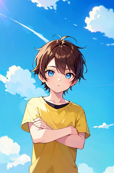 [(BUBBLE BACKGROUND:1.5),::5], (((masterpiece))), high quality, very_high_resolution, large_filesize, full color, Solo, (1 little boy), 13 old year, (mens short brown hair), vivid color, Blue eye, summer clothes, upper body, anime style