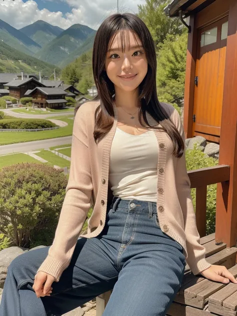 rie,One Woman,(best quality), (ultra detailed), (absolutely resolution),Face is front, 20-year-old, Spread your legs, Cardigan and wide pants, The color of the clothes is pink, The clothes are plain, Blonde, smile, Hakuba Village in Nagano、A rural landscap...