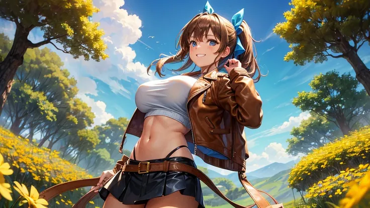 1girl, solo, full body, summer, village, trees, sun, clouds, ((colorful hair)), ponytail, huge breasts, ((brown leather jacket)), brown leather shorts, ((blue ochre)), blue eyes, skirt, smile, looking at the viewer, standing, hair ribbon, golden necklate