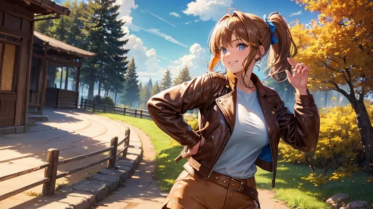 1girl, solo, full body, summer, village, trees, sun, clouds, ((colorful hair)), ponytail, huge breasts, ((brown leather jacket)), brown leather shorts, ((blue ochre)), blue eyes, skirt, smile, looking at the viewer, standing, hair ribbon, golden necklate