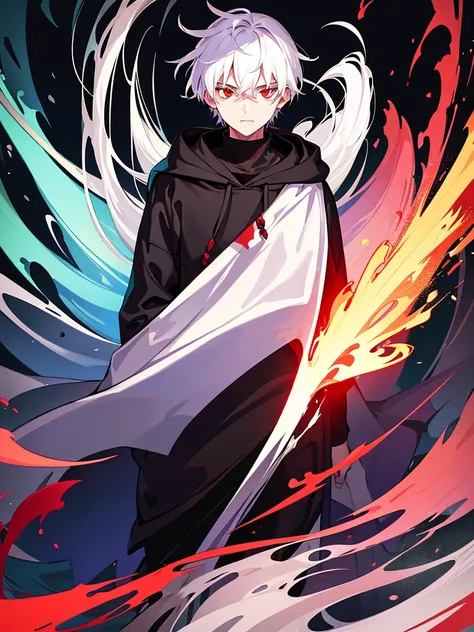 A front of a young man. White hair, red eyes. Wearing a black hoodie with purple details.  Dungeons and Dragons art direction, studio ghibli Style, light brushstrokes