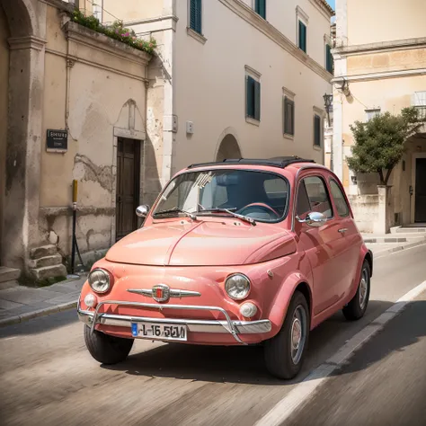 (fiat500, classical old italian fiat 500 car, sassi_di_matera), a small bright pink-fucsia car. the old fiat 500 that runs throu...