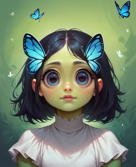 A funny character from the movie, a  with green skin, black hair down to the shoulder and a white dress with butterfly designs, super detailed, realistic, very cute, with big eyes 