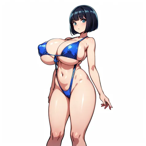 Metallic Colorful swimsuit,1girl,front view,Facing forward,looking at viewer,anime colored,full body,(gigantic breasts),shiny Skin,{bob cut!!,blunt bangs,black Blue Hair},white background