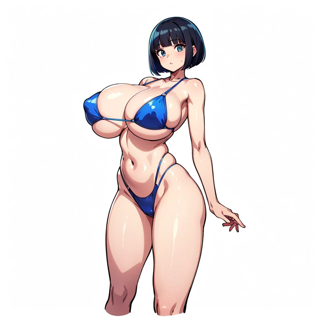 Metallic Colorful swimsuit,1girl,front view,Facing forward,looking at viewer,anime colored,full body,(gigantic breasts),shiny Skin,{bob cut!!,blunt bangs,black Blue Hair},white background