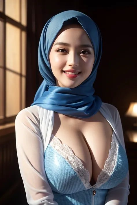 a gorgeous middle-aged busty woman, hijab, blazer, beautiful smile showing teeth, pov, lover, cinematic lighting, (best quality,4k,8k,highres,masterpiece:1.2),ultra-detailed,(realistic,photorealistic,photo-realistic:1.37),HDR,UHD,studio lighting,ultra-fine...