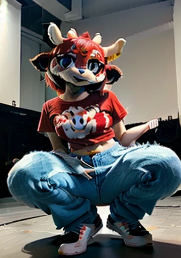 Lammy Red hair, orange fur, furry bob cut, anthro, cow horns, red T-shirt white splat jeans blue sneakers pink, lipstick, blue eyeshadow realistic fursuit